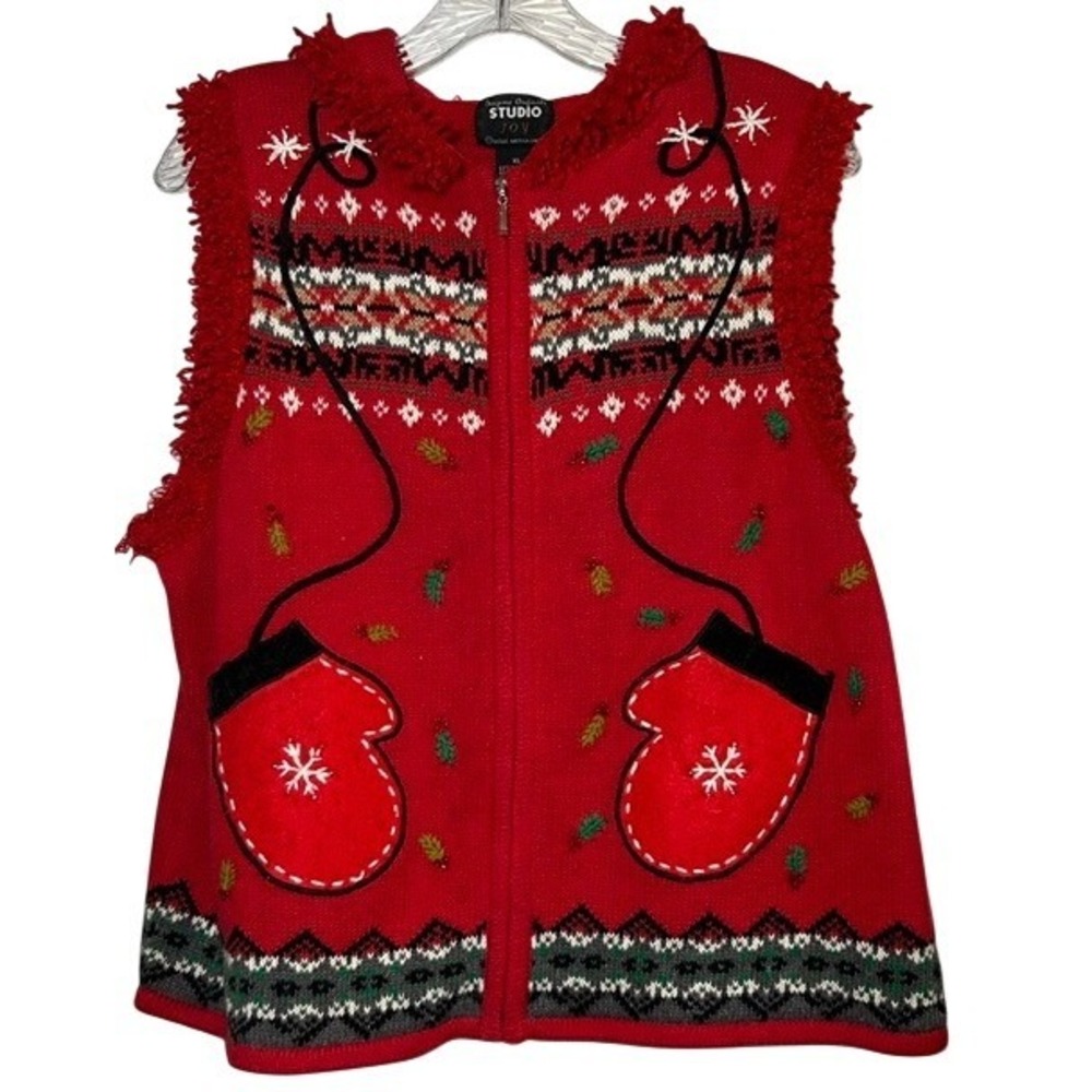 Studio Joy Full Zip Red Christmas Holiday Mittens Sweater Vest XL Hooded Winter